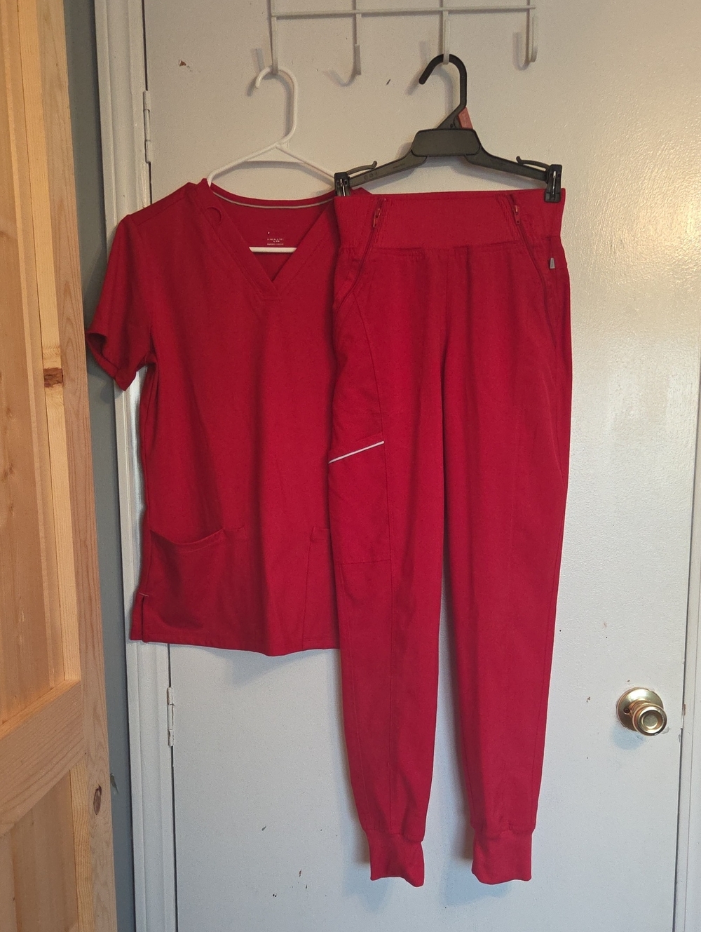 Women's Red Scrub Top and Jogger Pants Set
